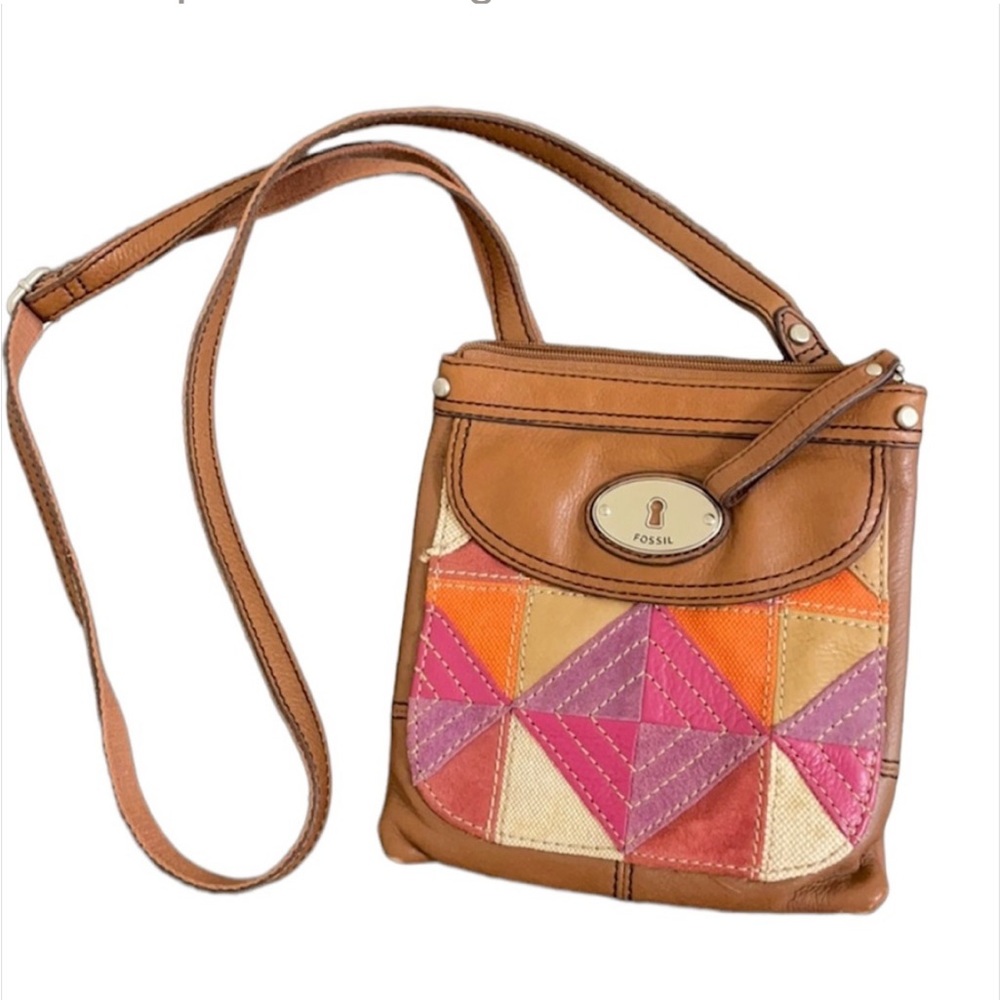 VINTAGE FOSSIL Patchwork Tan Pink Orange Purple Leather Crossbody Bag